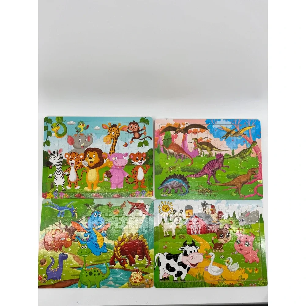 Kids 60 Piece Jigsaw Puzzle Set 4 Pack Dinosaurs Safari Farm Animals with Bag